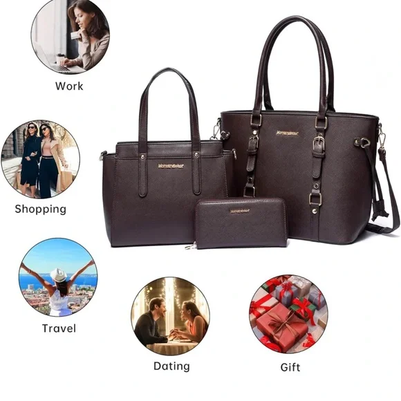 Brown 3PCS Purses for Women Tote Purse and Wallet Set Shoulder Bags - Picture 2 of 6